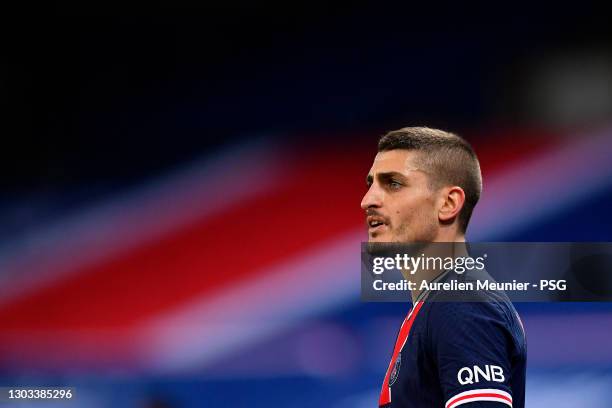 Marco Verratti of Paris Saint-Germain looks on during the Ligue 1 soccer match between Paris Saint-Germain and AS Monaco at Parc des Princes on...