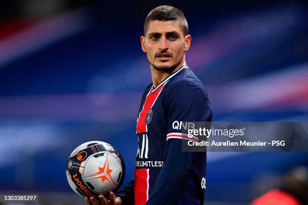 Marco Verratti of Paris Saint-Germain looks on during the Ligue 1 soccer match between Paris Saint-Germain and AS Monaco at Parc des Princes on...