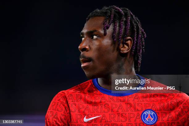 Moise Kean of Paris Saint-Germain looks on during warmup before the Ligue 1 soccer match between Paris Saint-Germain and AS Monaco at Parc des...