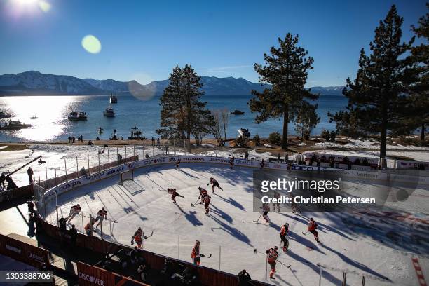 The Philadelphia Flyers warm-up prior to the 'NHL Outdoors At Lake Tahoe' game against the Boston Bruins at the Edgewood Tahoe Resort on February 21,...
