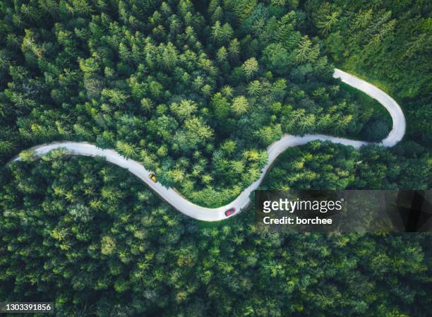 conducir por carreteras idílicas - punto de vista de dron fotografías e imágenes de stock