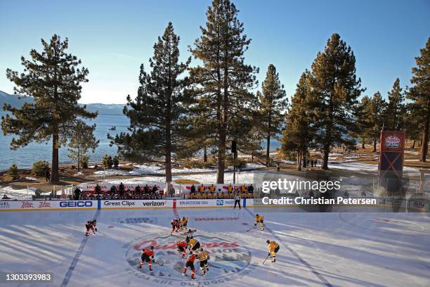 The Philadelphia Flyers and Boston Bruins set for the opening faceoff during the 'NHL Outdoors At Lake Tahoe' at the Edgewood Tahoe Resort on...