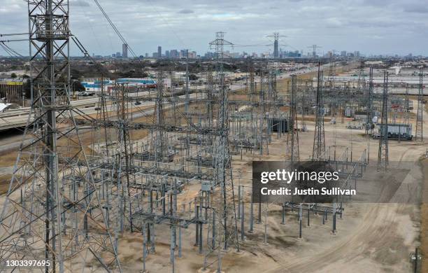 An aerial view of an electrical substation on February 21, 2021 in Houston, Texas. Millions of Texans lost their power when winter storm Uri hit the...