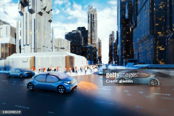 generische autonome konzeptautos auf der straße - futuristic car stock-fotos und bilder