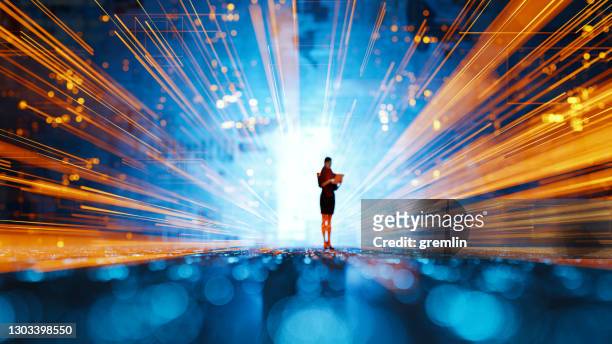 futuristic vr with businesswoman using digital tablet - acceleration stock pictures, royalty-free photos & images