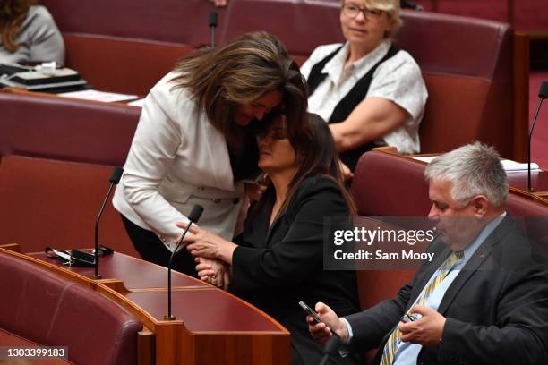 Senator Jacqui Lambie reacts during a division in the Senate on February 22, 2021 in Canberra, Australia.