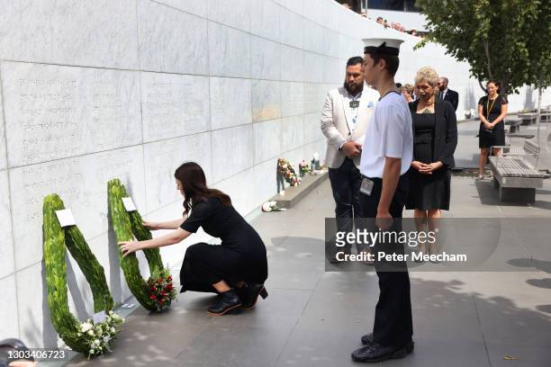 New Zealand Prime Minister Jacinda Ardern lays a wreath during the national memorial service marking the 10th anniversary of the 2011 Christchurch...