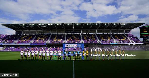 And Brazil starting line up's during a game between Brazil and USWNT at Exploria Stadium on February 21, 2021 in Orlando City, Florida.