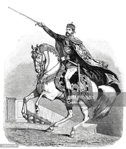 kaiser franz josef i. als könig von ungarn auf dem krönungshügel in budapest - ungarn stock-grafiken, -clipart, -cartoons und -symbole