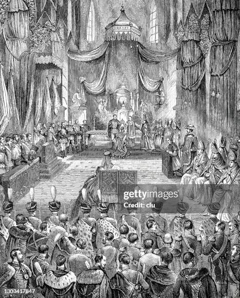 illustrazioni stock, clip art, cartoni animati e icone di tendenza di l'imperatore francesco giuseppe i viene incoronato re d'ungheria a budapest l'8 giugno 1867 - giuramento