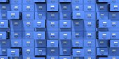 Archive file cabinets blue color background. Open drawers. 3d illustration