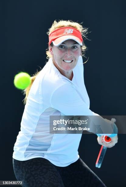 Madison Brengle of the USA plays a back hand during her round one match against Ellen Perez of Australiaat Memorial Drive on February 22, 2021 in...