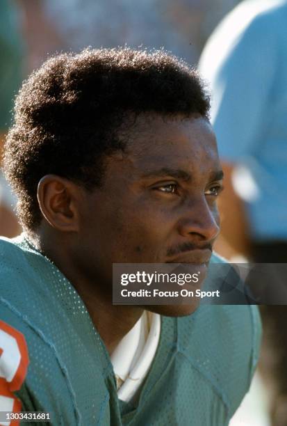 Wide receiver Paul Warfield of the Miami Dolphins looks on from the sidelines during an NFL football game circa 1970 at the Orange Bowl in Miami,...