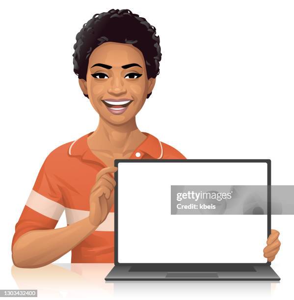 cheerful young woman showing laptop screen - cartoon people stock illustrations