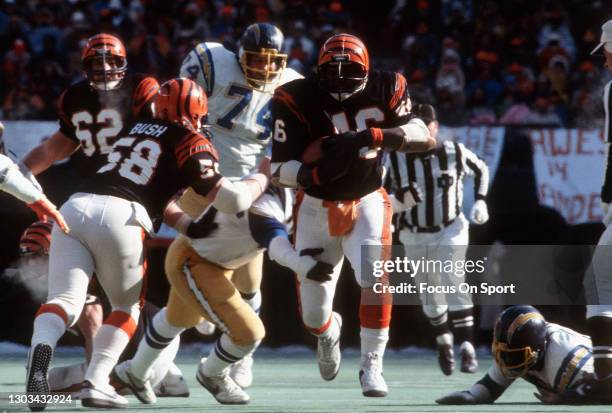 Pete Johnson of the Cincinnati Bengals carries the all against the San Diego Chargers during the AFC Conference Championship Game January 10, 1982 at...