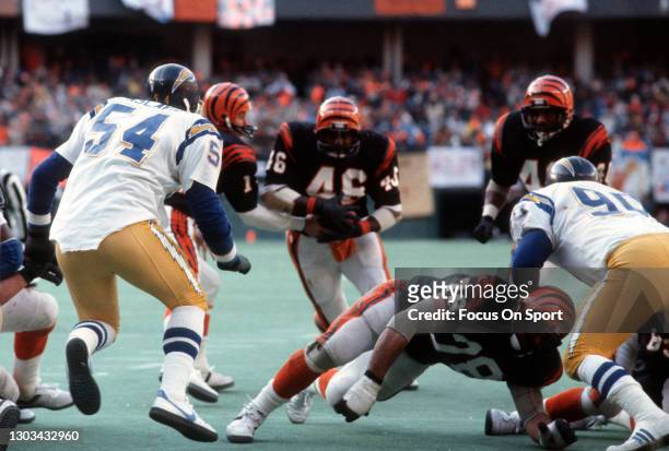 Pete Johnson of the Cincinnati Bengals carries the all against the San Diego Chargers during the AFC Conference Championship Game January 10, 1982 at...
