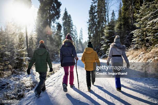 familie die van de wintergang geniet - family in snow mountain stockfoto's en -beelden