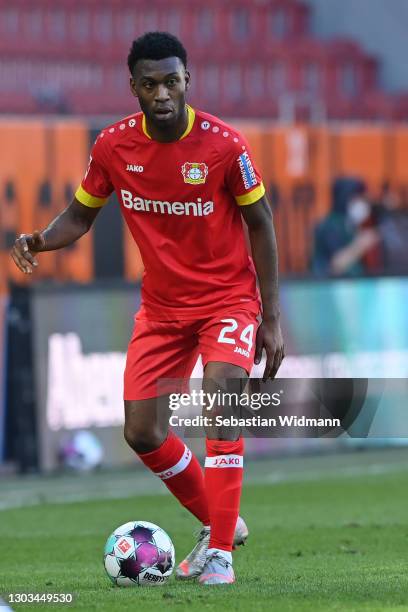 Timothy Fosu-Mensah of Leverkusen plays the ball during the Bundesliga match between FC Augsburg and Bayer 04 Leverkusen at WWK-Arena on February 21,...