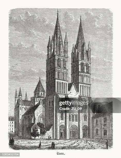 ilustraciones, imágenes clip art, dibujos animados e iconos de stock de abadía de saint-étienne, caen, normandía, francia, grabado en madera, publicado en 1893 - abadía