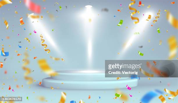 gray studio background with realistic podium spotlight and confetti - celebration event stock illustrations