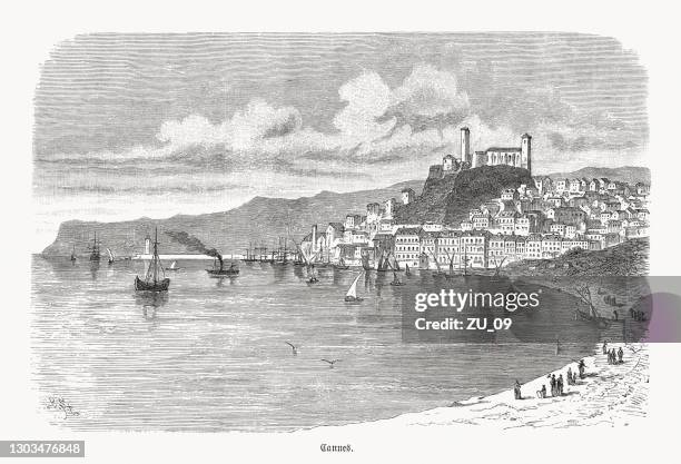 stockillustraties, clipart, cartoons en iconen met historische mening van cannes, côte d'azur, frankrijk, houtsnede, gepubliceerd 1893 - cannes