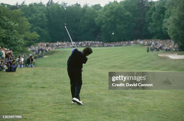 Seve Ballesteros of Spain hits his second shot off the fairway to the 1st Green during the play off with Colin Montgomerie for the Volvo PGA...