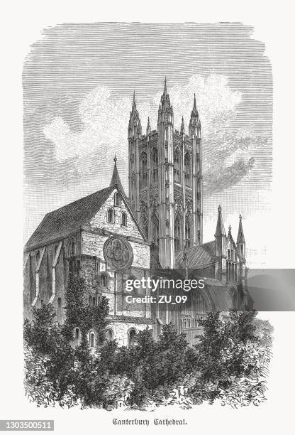 ilustrações de stock, clip art, desenhos animados e ícones de historical view of canterbury cathedral, england, wood engraving, published 1893 - catedral de canterbury