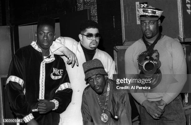 Rappers Pete Rock , Heavy D , Rakim and Just-Ice appear backstage when Levert performs at Madison Square Garden on March 21, 1989 in New York City. .