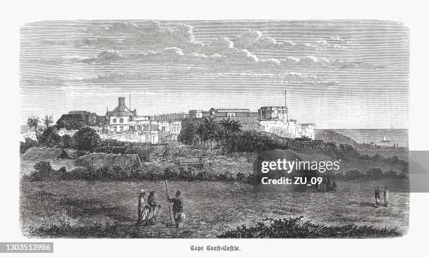 historical view of cape coast castle, ghana, woodcut, published 1893 - west africa stock illustrations