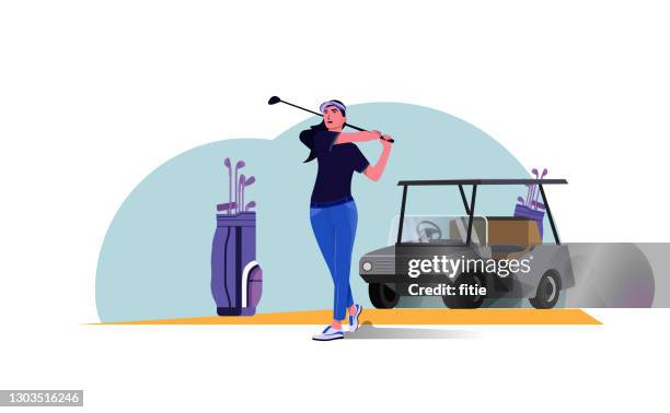 the beautiful female golfer swings the golf ball.  golf course and golf cart with a  bag of golf clubs - match sport stock illustrations