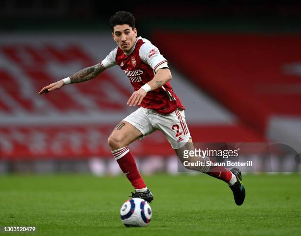 Hector Bellerin of Arsenal chases the ball during the Premier League match between Arsenal and Manchester City at Emirates Stadium on February 21,...