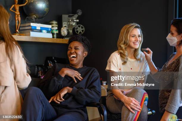 Actors Krys Marshall and Shantel VanSanten of Apple TV's 'For All Mankind' prepare for a photoshoot on February 21, 2021 in Los Angeles, California.