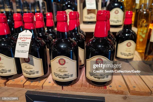 Close up shot of collection of California Madeira wine bottles at V. Sattui Winery in St Helena, California, February 6, 2021.