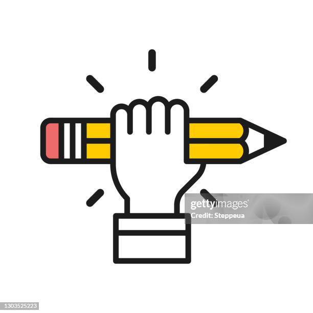 motivation logo with hand fist holding a pencil - pencil icon stock illustrations