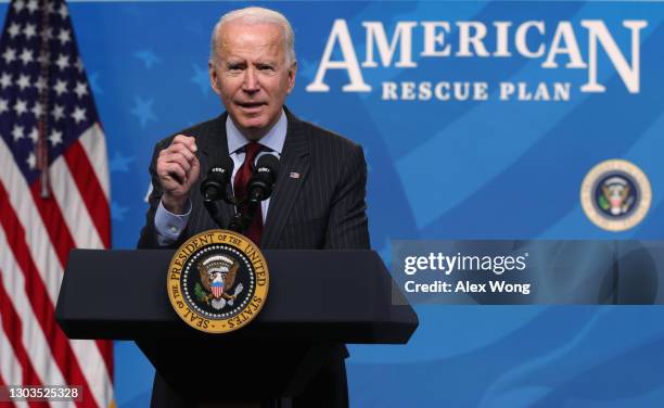 President Joe Biden speaks during an announcement related to small businesses at the South Court Auditorium of the Eisenhower Executive Office...