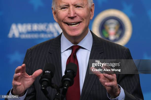 President Joe Biden speaks during an announcement related to small businesses at the South Court Auditorium of the Eisenhower Executive Office...