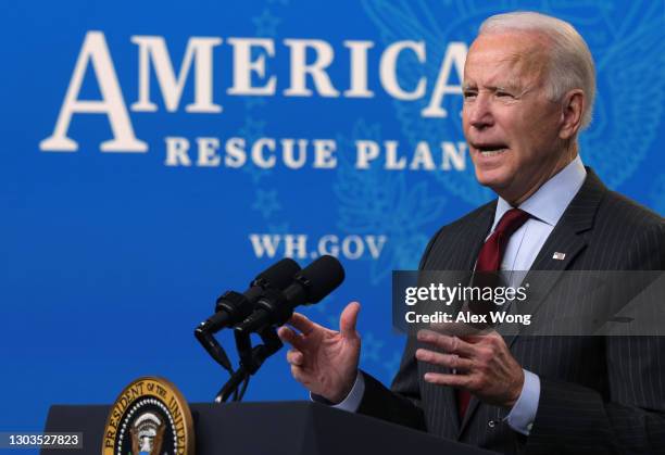 President Joe Biden speaks during an announcement related to small businesses at the South Court Auditorium of the Eisenhower Executive Office...