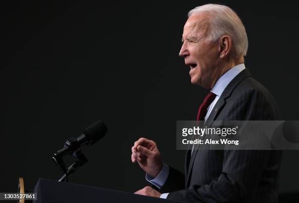 President Joe Biden speaks during an announcement related to small businesses at the South Court Auditorium of the Eisenhower Executive Office...