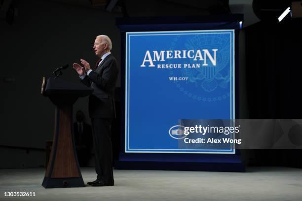 President Joe Biden speaks during an announcement related to small businesses at the South Court Auditorium of the Eisenhower Executive Office...