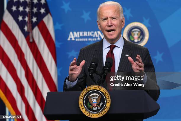 President Joe Biden speaks during an announcement related to small businesses at the South Court Auditorium of the Eisenhower Executive Office...