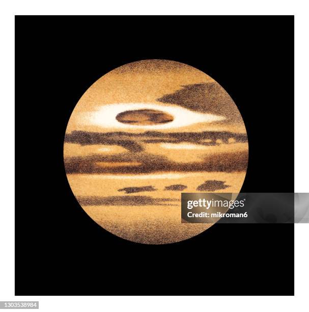 old engraved illustration of jupiter planet - moon drawing stock-fotos und bilder