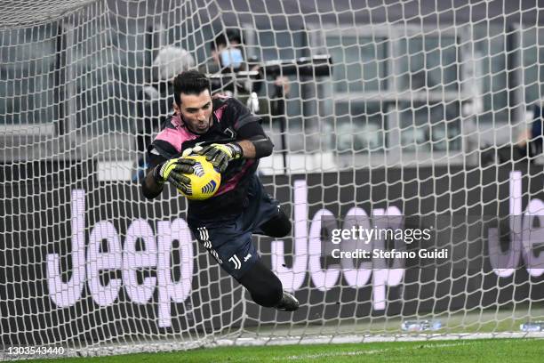 Gianluigi Buffon of Juventus FC on warm-up session during the Serie A match between Juventus and FC Crotone at Juventus Stadium on February 22, 2021...