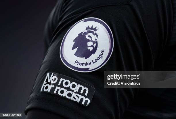 The Anti-racist message 'No Room For Racism' displayed alongside the Premier League logo on the sleeve of West Bromwich Albion goalkeeper Sam...