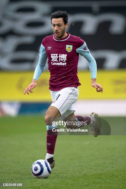 Dwight McNeil of Burnley in action during the Premier League match between Burnley and West Bromwich Albion at Turf Moor on February 20, 2021 in...