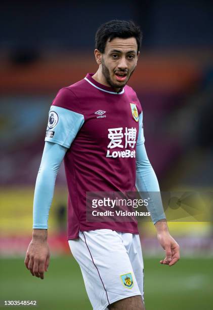Dwight McNeil of Burnley in action during the Premier League match between Burnley and West Bromwich Albion at Turf Moor on February 20, 2021 in...