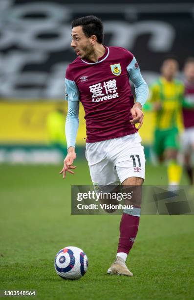 Dwight McNeil of Burnley in action during the Premier League match between Burnley and West Bromwich Albion at Turf Moor on February 20, 2021 in...