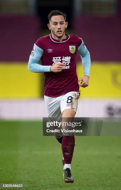 Josh Brownhill of Burnley in action during the Premier League match between Burnley and West Bromwich Albion at Turf Moor on February 20, 2021 in...