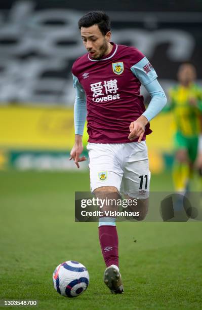 Dwight McNeil of Burnley in action during the Premier League match between Burnley and West Bromwich Albion at Turf Moor on February 20, 2021 in...