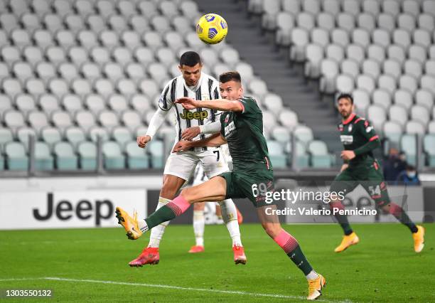 Cristiano Ronaldo of Juventus scores their team's first goal during the Serie A match between Juventus and FC Crotone at Allianz Stadium on February...