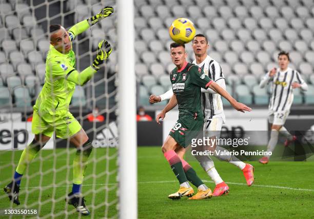 Cristiano Ronaldo of Juventus scores their team's first goal during the Serie A match between Juventus and FC Crotone at Allianz Stadium on February...